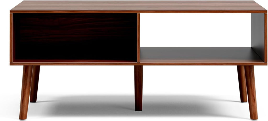 LCRBOL Coffee Table with Storage, Mid Century Dining Table with Sliding Fluted Door and Solid Wood Legs, Small Coffee Tables for Living Room, Walnut