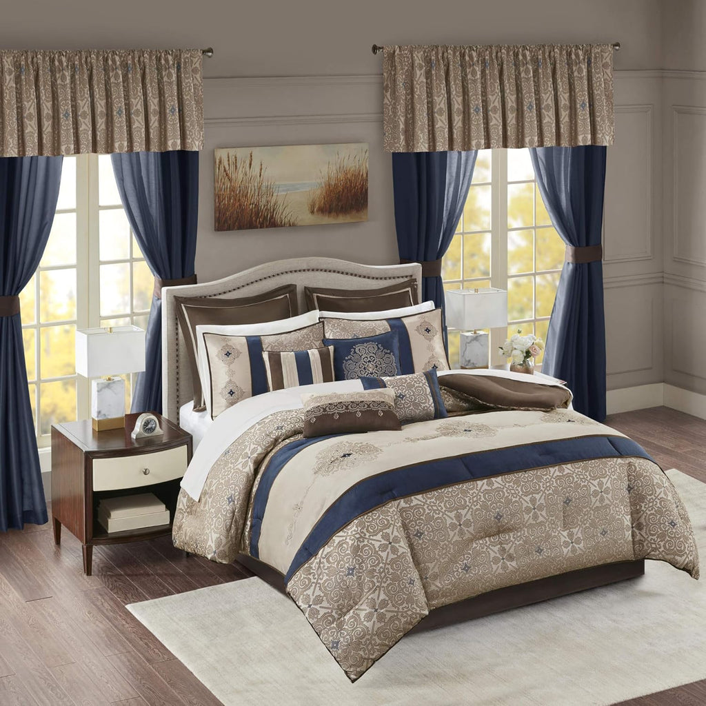 Madison Park Essentials Delaney 24-Piece Room In A Bag Comforter Set-Satin Jacquard All Season Luxury Bedding, Sheets, decorative pillows and Curtains, Valance, Queen (90 in x 90 in), Medallion Navy