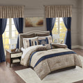 Madison Park Essentials Delaney 24-Piece Room In A Bag Comforter Set-Satin Jacquard All Season Luxury Bedding, Sheets, decorative pillows and Curtains, Valance, Queen (90 in x 90 in), Medallion Navy