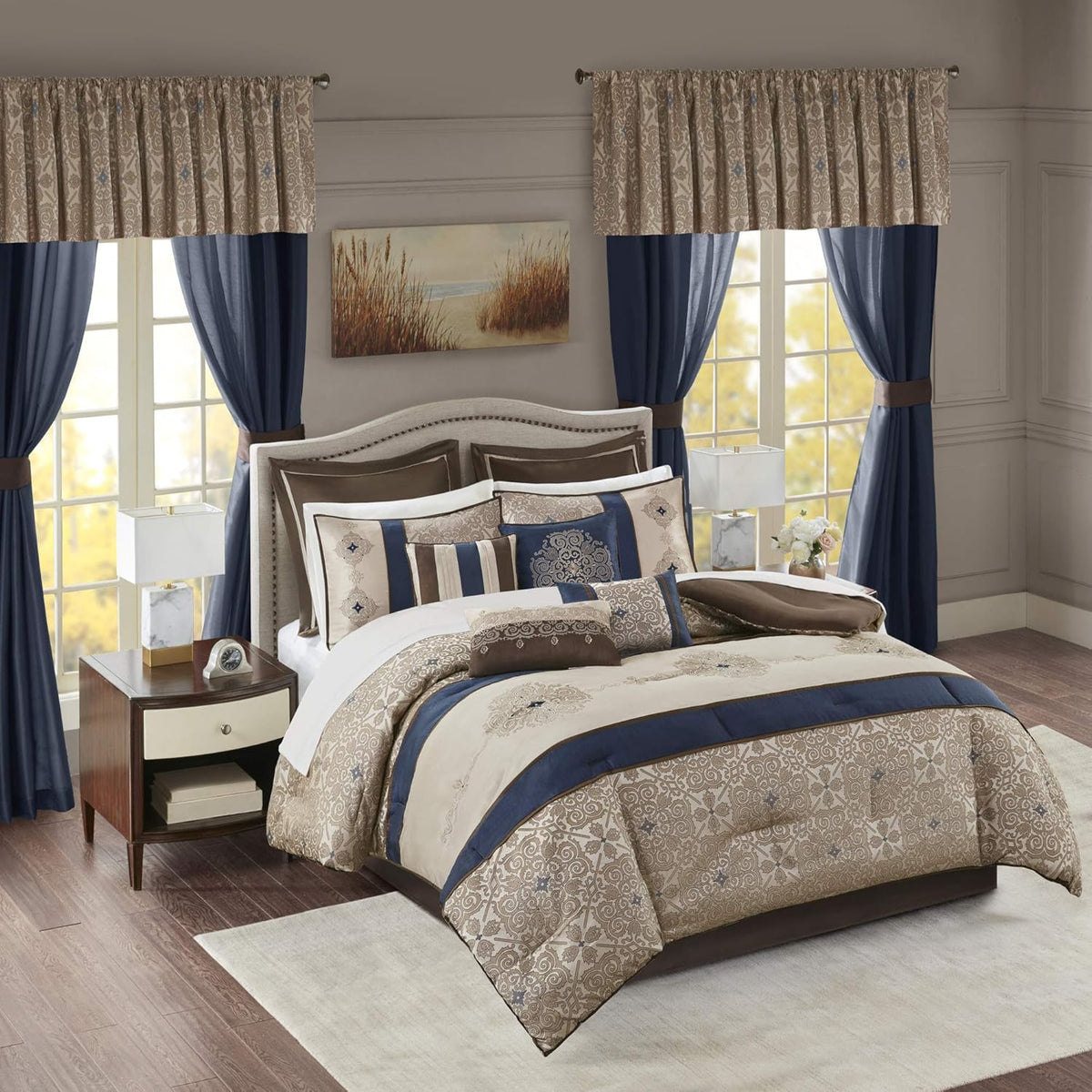 Madison Park Essentials Delaney 24-Piece Room In A Bag Comforter Set-Satin Jacquard All Season Luxury Bedding, Sheets, decorative pillows and Curtains, Valance, Queen (90 in x 90 in), Medallion Navy