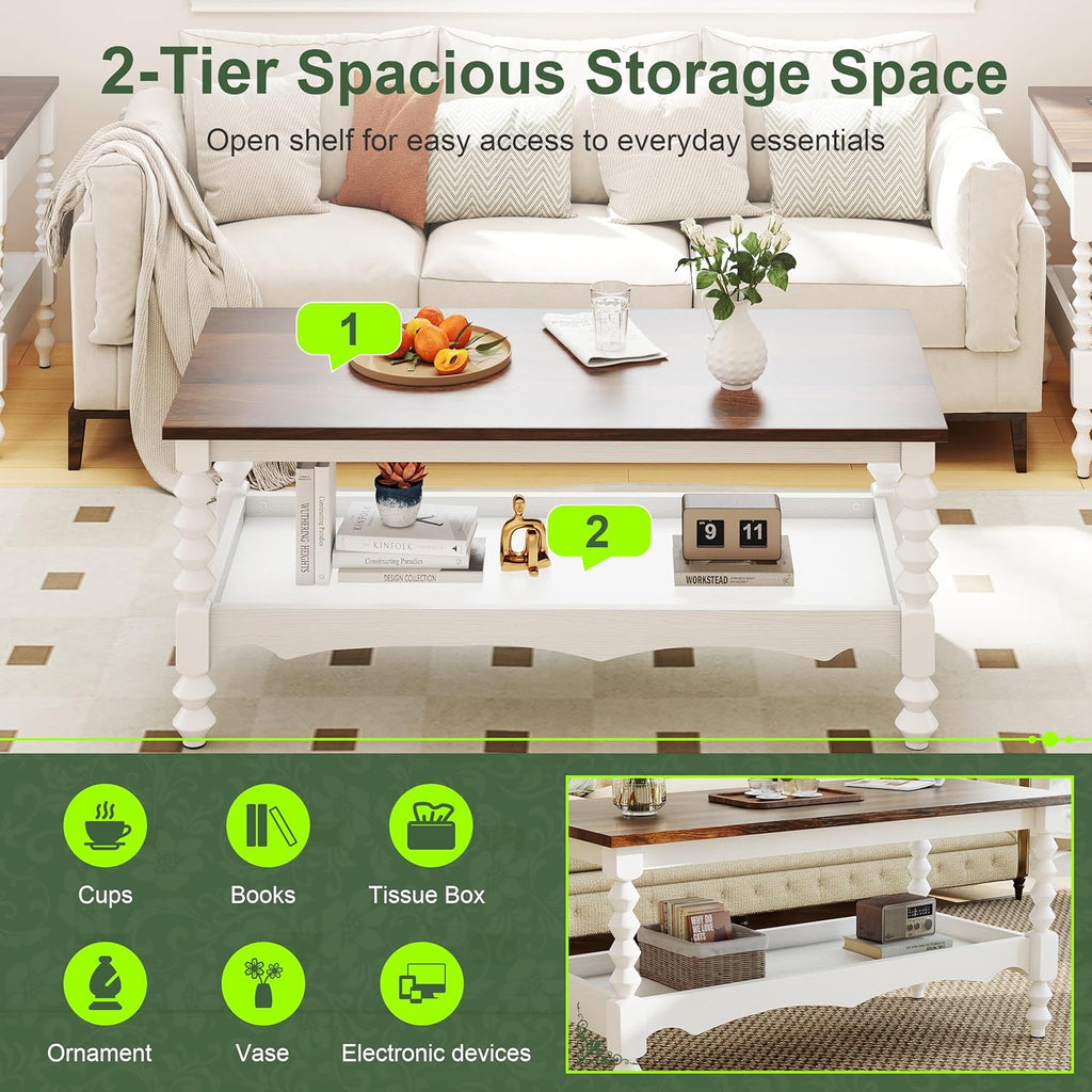 YOSHOOT 42" Farmhouse Coffee Table with Storage - Small Coffee Tables for Living Room Bedroom, 2-Tier Center Table with Solid Wood Legs and Thickened Top, White