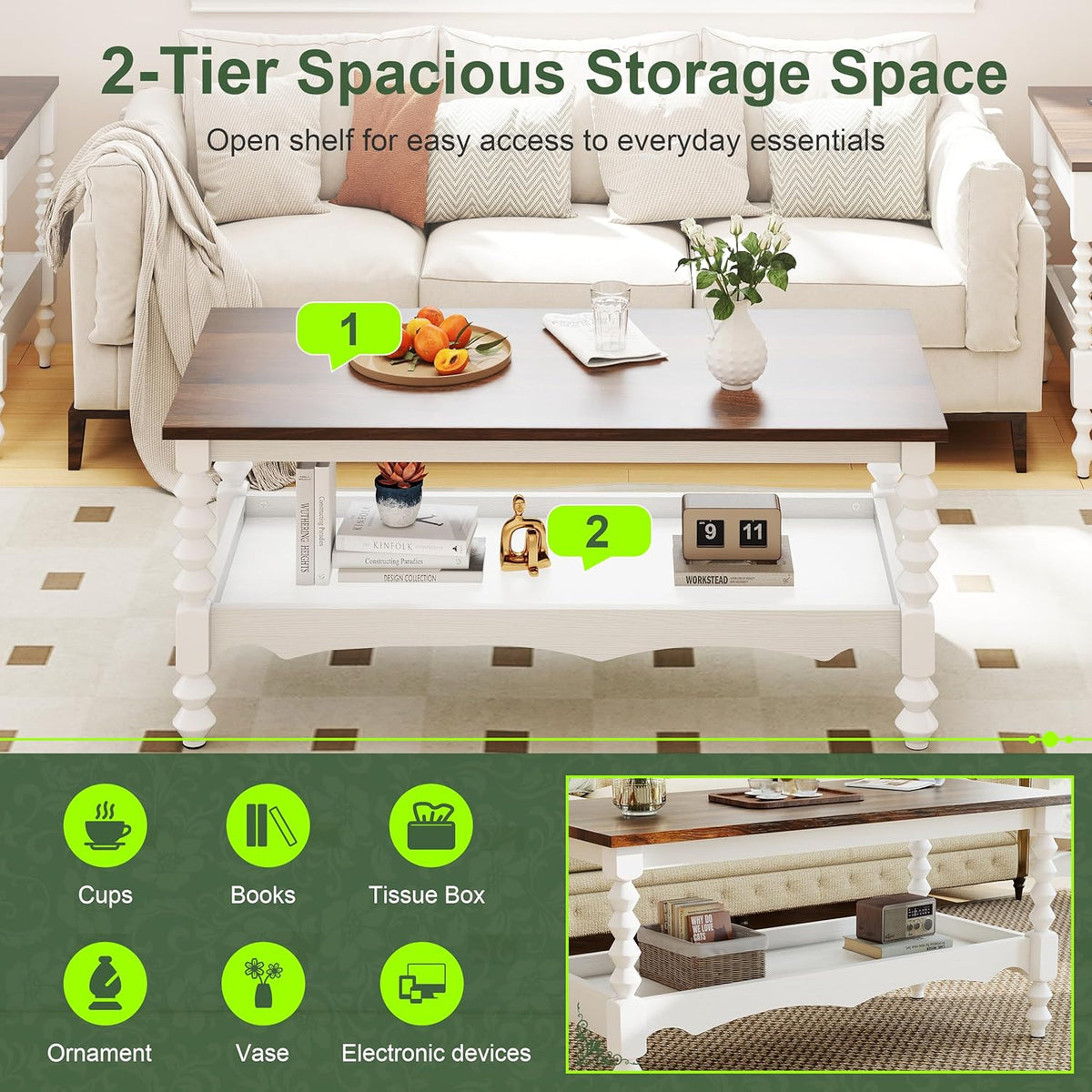 YOSHOOT 42" Farmhouse Coffee Table with Storage - Small Coffee Tables for Living Room Bedroom, 2-Tier Center Table with Solid Wood Legs and Thickened Top, White