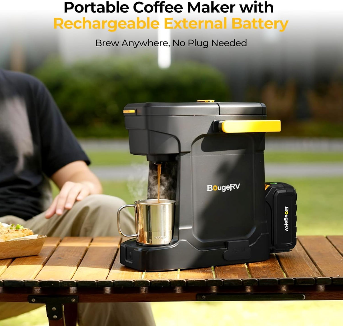 BougeRV Coffee Maker with 18V 8Ah Battery Powered Compatible with K Cup Coffee Pods & Ground Coffee, Portable Coffee Maker Cordless with AC/DC Power for Travel, Camping, Outdoor, Jobsite, RV, Home