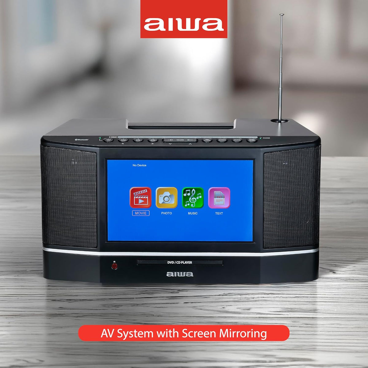 aiwa Cinema Mirror Cast Video Audio System, 10” TFT Screen, 15W Stereo, CD/DVD Player, Screen Mirroring, HDMI/USB/AV/AUX Inputs, FM Radio, Roku/Fire Stick/Google/Apple TV Compatible (Black)