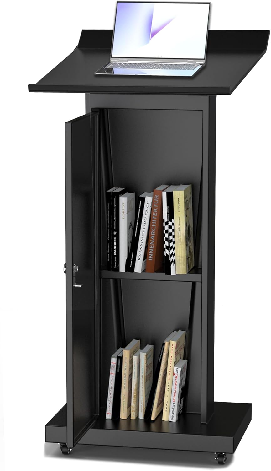 Tredre Metal Podium Stand with Wheels, Heavy-Duty Rolling Lectern for Classroom, Church & Office Presentations, Large Top, Locking Casters, Stable Base