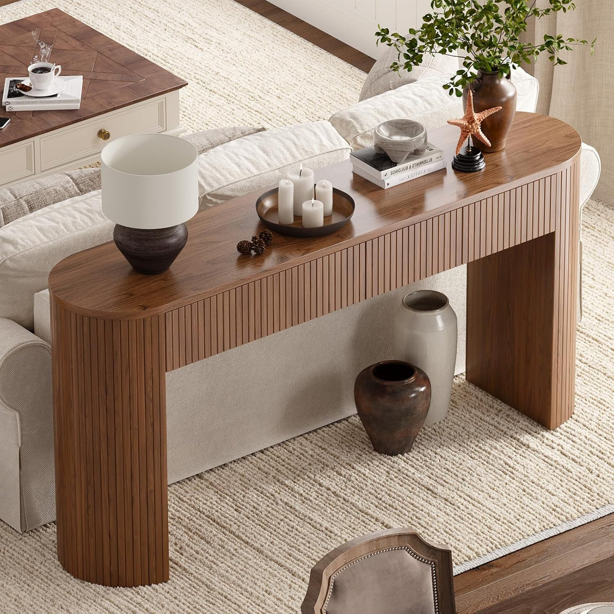 63 Inch Console Table with 2 Drawers, Fluted Entryway Tables with Storage, Sofa Table Behind The Couch, Hallway Tables, Mid-Century Modern Foyer Table for Entryway, Hallway, Living Room, Walnut