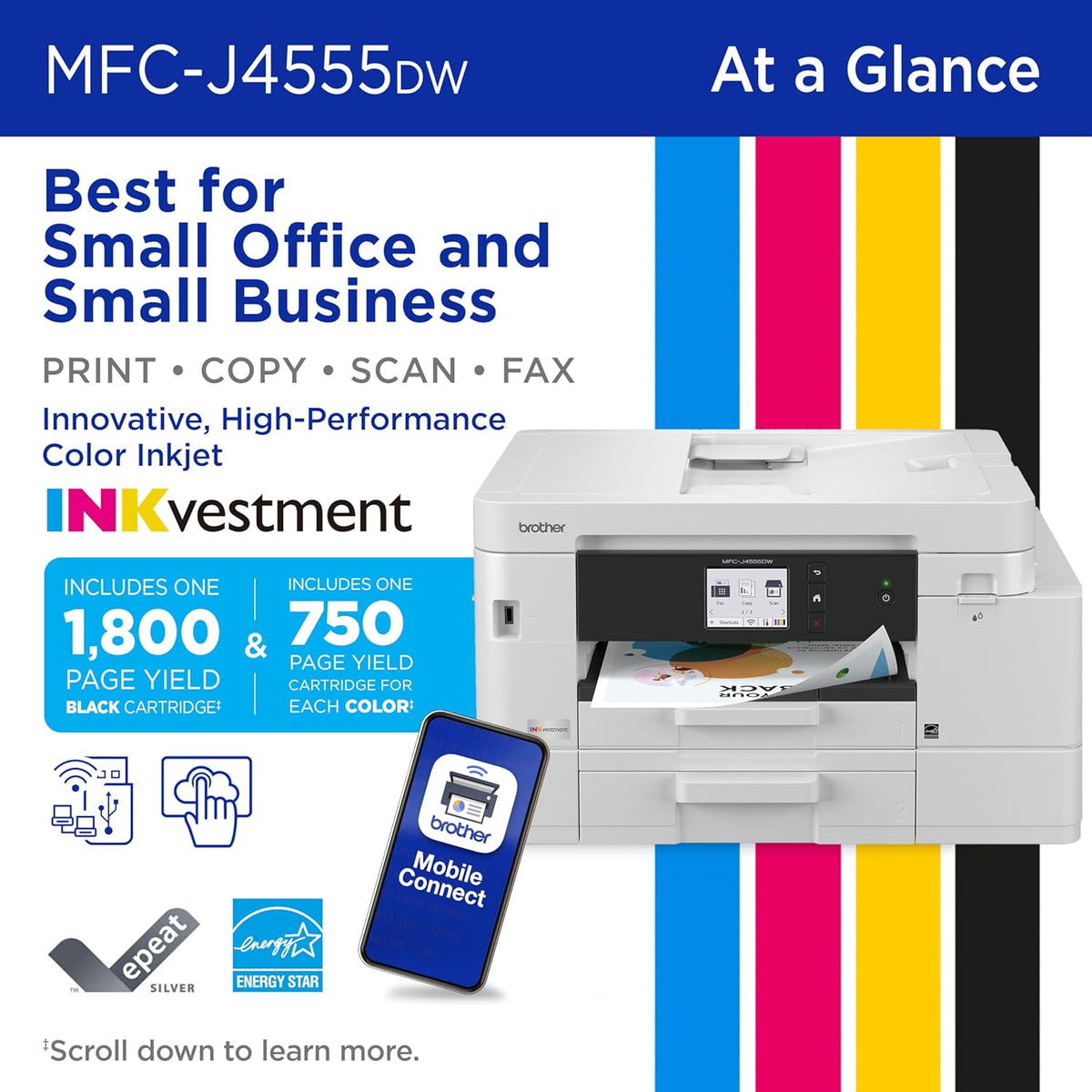 Brother INKvestment 4555 Wireless Color Inkjet All-in-One Printer with 2.7” Color Touchscreen and 2 Paper Trays | Includes Refresh Subscription Trial(1) (MFC-J4555DW)