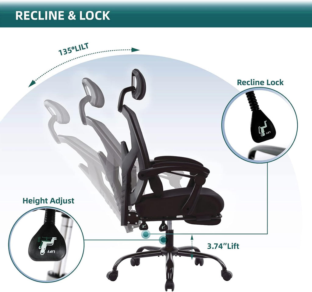 DUMOS Office Desk Computer Chair with Footrest, Ergonomic Mesh Swivel Gaming Chair with Rolling Wheels, Comfortable Headrest, Lumbar Support, Comfy for Home, Office, Task, Student, Inky