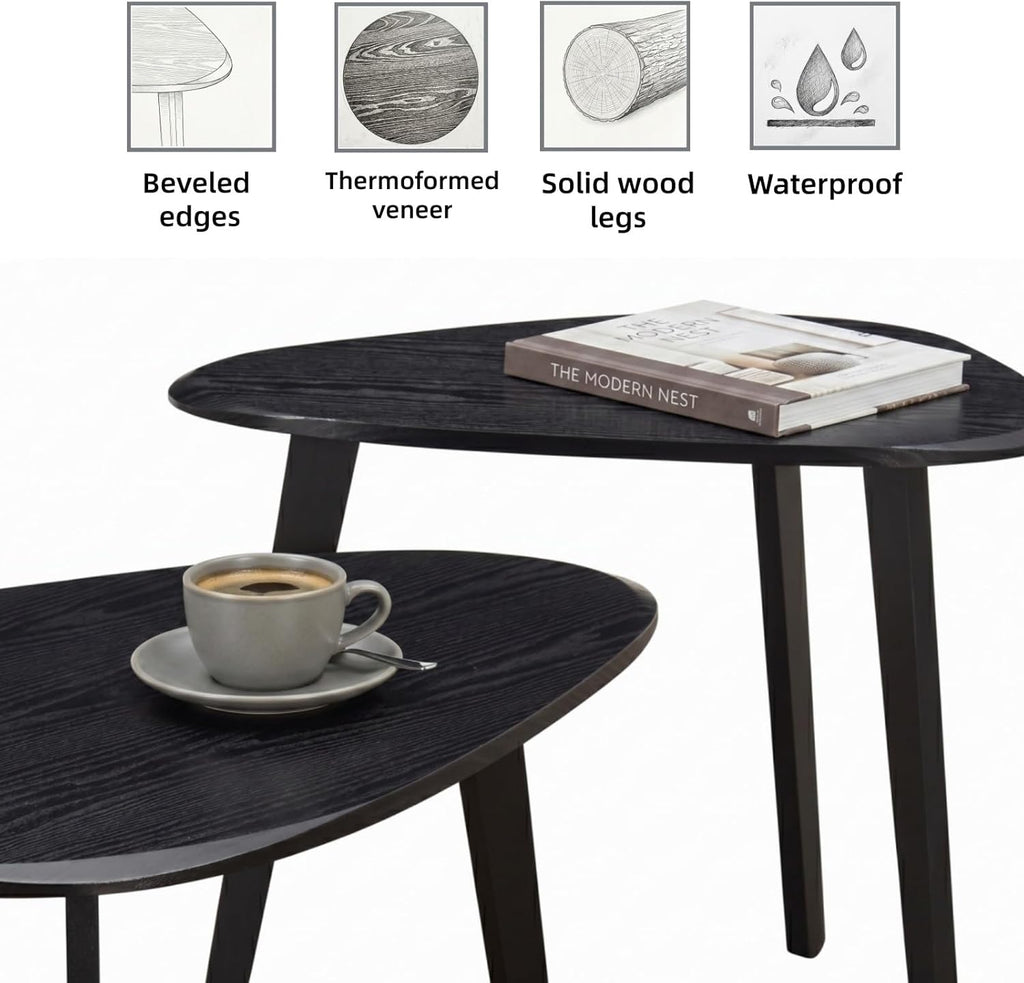 Nesting Coffee Table Set of 2-Mid Century Modern Guitar Pick Stacking Tables with Solid Wood Legs-Waterproof Triangle Center Side End Table for Small Living Room,Apartment,Balcony (Walnut)
