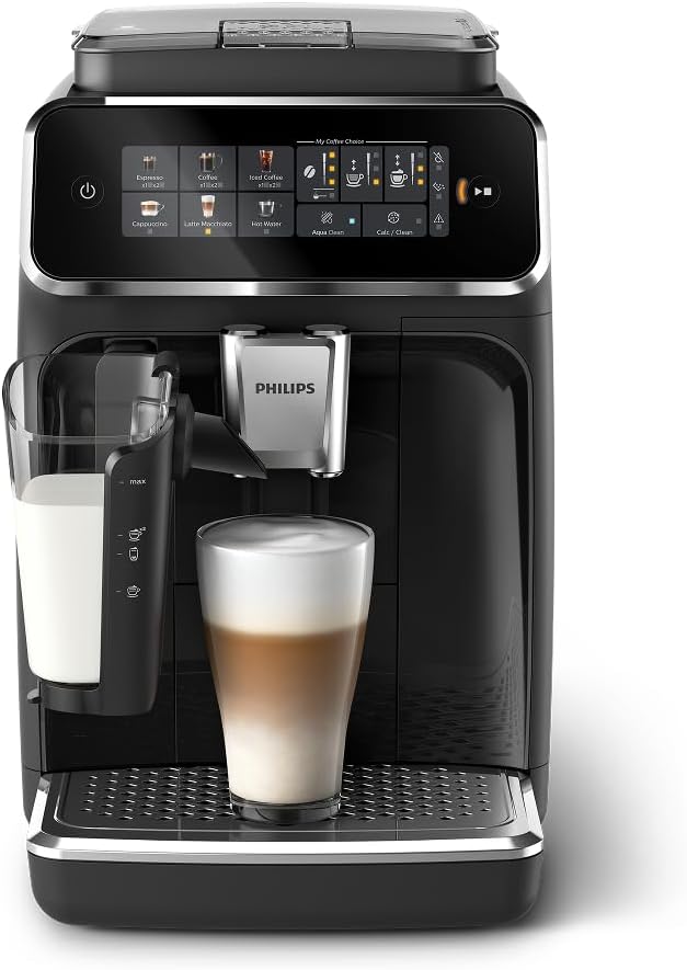 Philips 3300 Series Fully Automatic Espresso Machine with LatteGo Milk System and integrated grinder, 6 Hot & Iced Coffee Pre-Sets, 40% Quieter SilentBrew, 15-Bar Pressure, Glossy Black (EP3341/50)