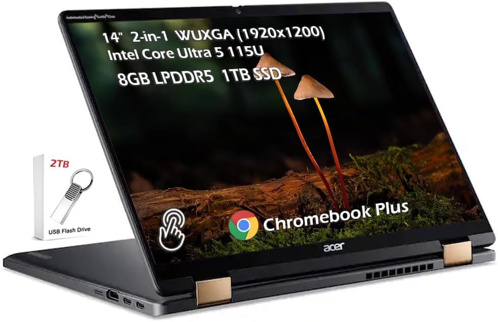acer Chromebook Plus Spin 714 2-in-1, Intel Core Ultra 5 115U, 8GB LPDDR5 1TB SSD, 14" Touchscreen WUXGA IPS Laptop with Google AI,Backlit KB Wi-Fi6E Chrome OS, Steel Gray, w/2TB USB Drive, W/GaLiMu
