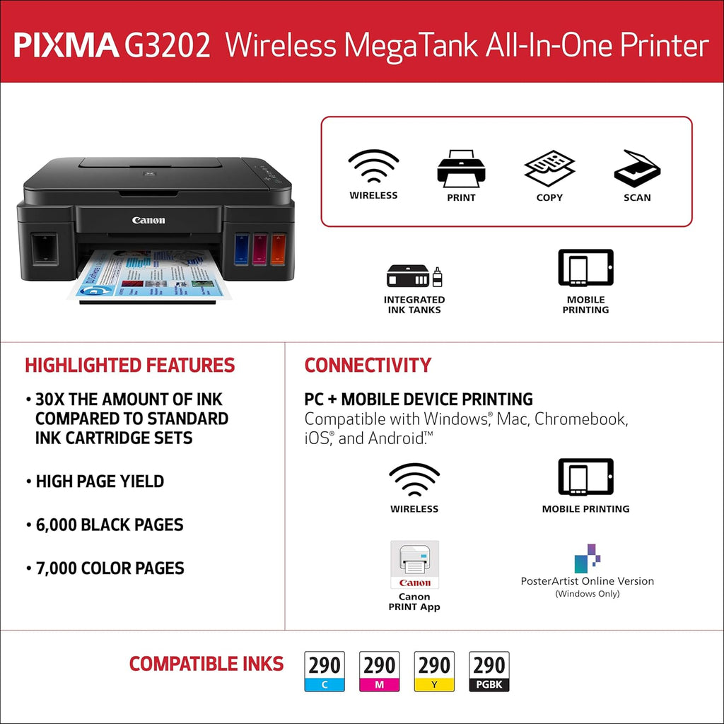 Canon PIXMA G3202 - MegaTank, Wireless All-in-One Printer
