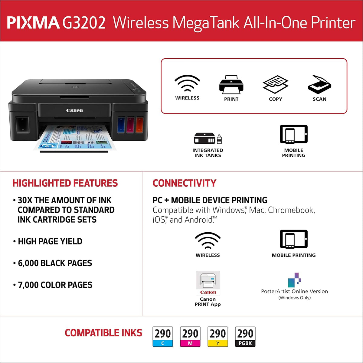 Canon PIXMA G3202 - MegaTank, Wireless All-in-One Printer