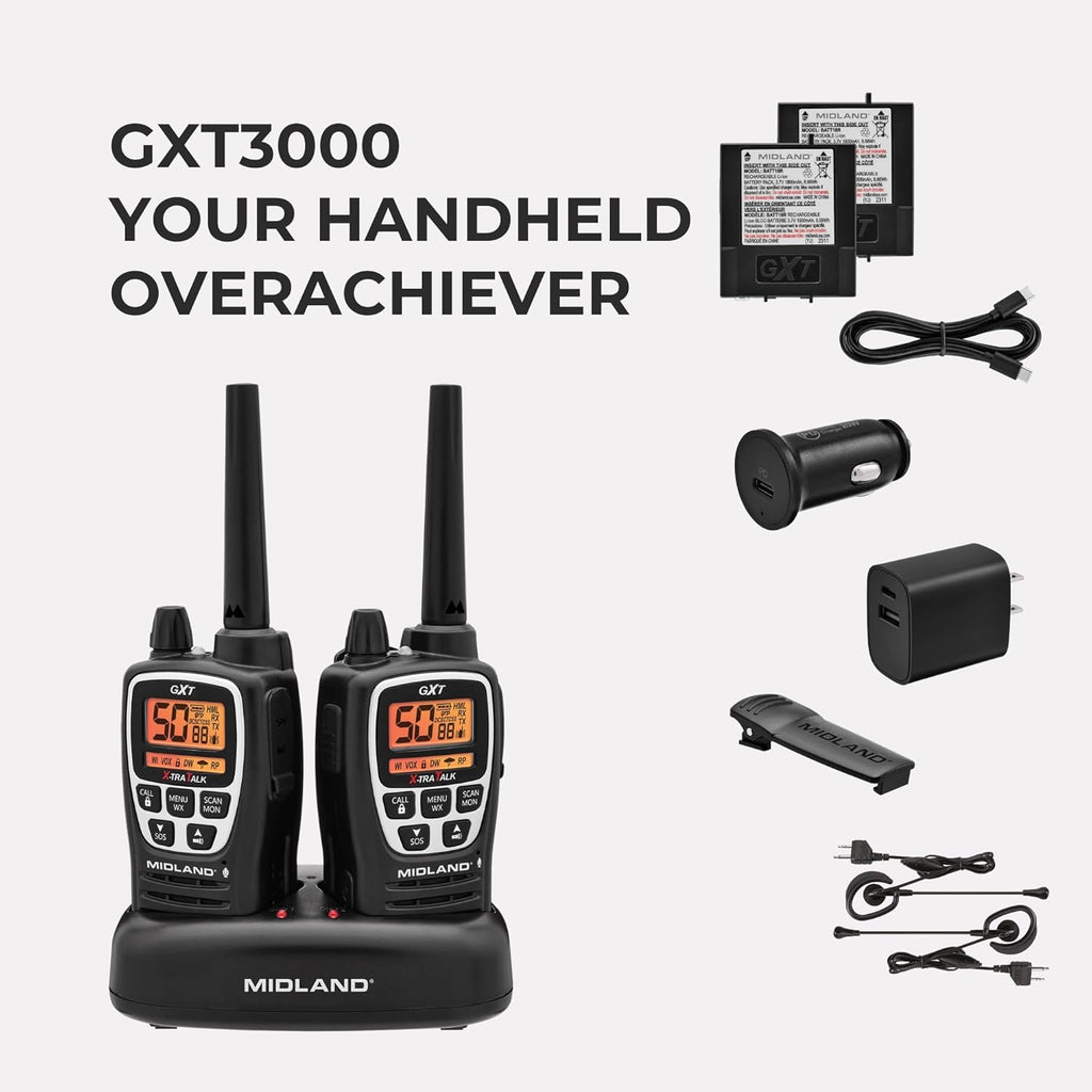 Midland GXT3000 GMRS Two-Way Radio (50-Channel, Repeater Capable, Long Range, 142 Privacy Codes, SOS, NOAA, Rechargeable Lithium Ion Battery, Black/Silver, 2-Pack)