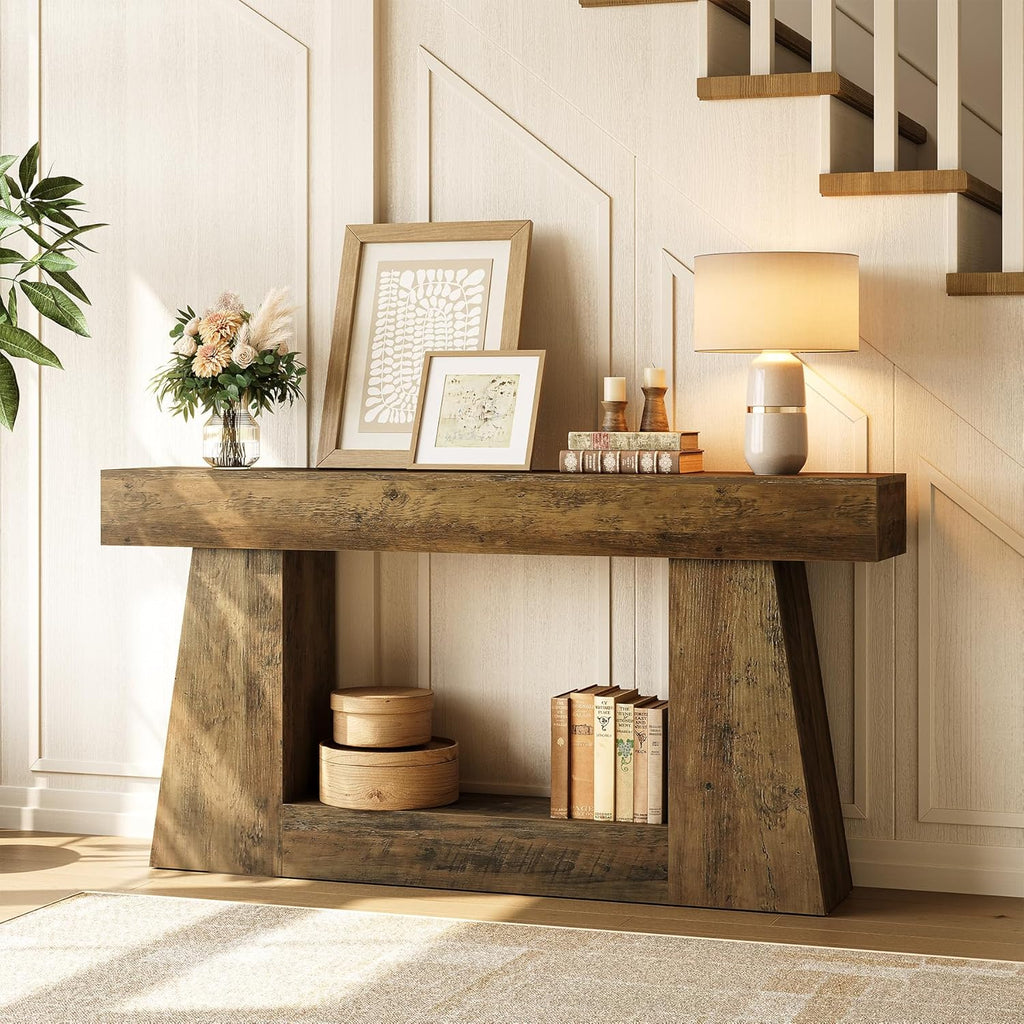 LITTLE TREE 63" Farmhouse Console Table with Storage, Rustic Sofa Table for Entryway, Narrow Long Sofa Table Behind Couch, Console Table for Living Room, Hallway—Versatile Storage Solution, Oak