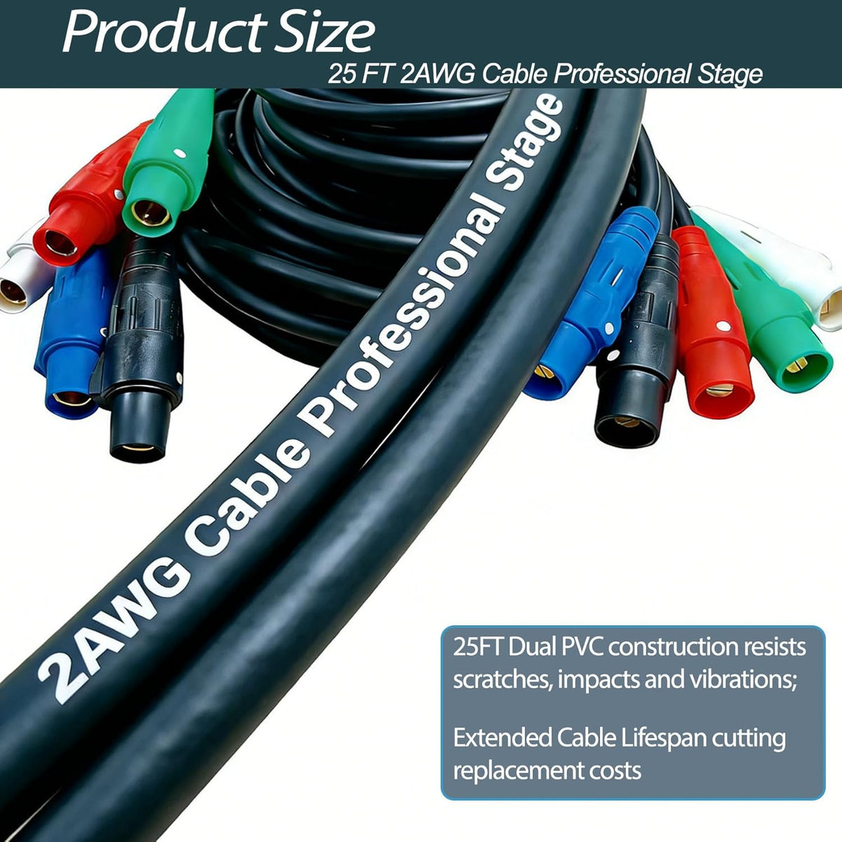 25 FT Stage Lighting Cable, Camlock Wire Set with 5 Wire Banded Set (4) #2 and (1) #6 Outdoor Rated Cam Lock Cord, 600V Cam Lock Power Cables for Industrial, 5 Straps, Replace Type SC Cable
