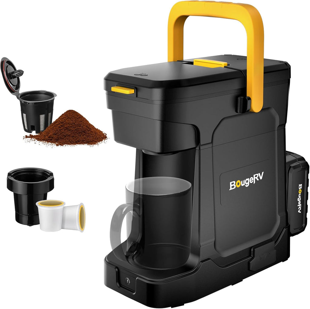 BougeRV Coffee Maker with 18V 8Ah Battery Powered Compatible with K Cup Coffee Pods & Ground Coffee, Portable Coffee Maker Cordless with AC/DC Power for Travel, Camping, Outdoor, Jobsite, RV, Home