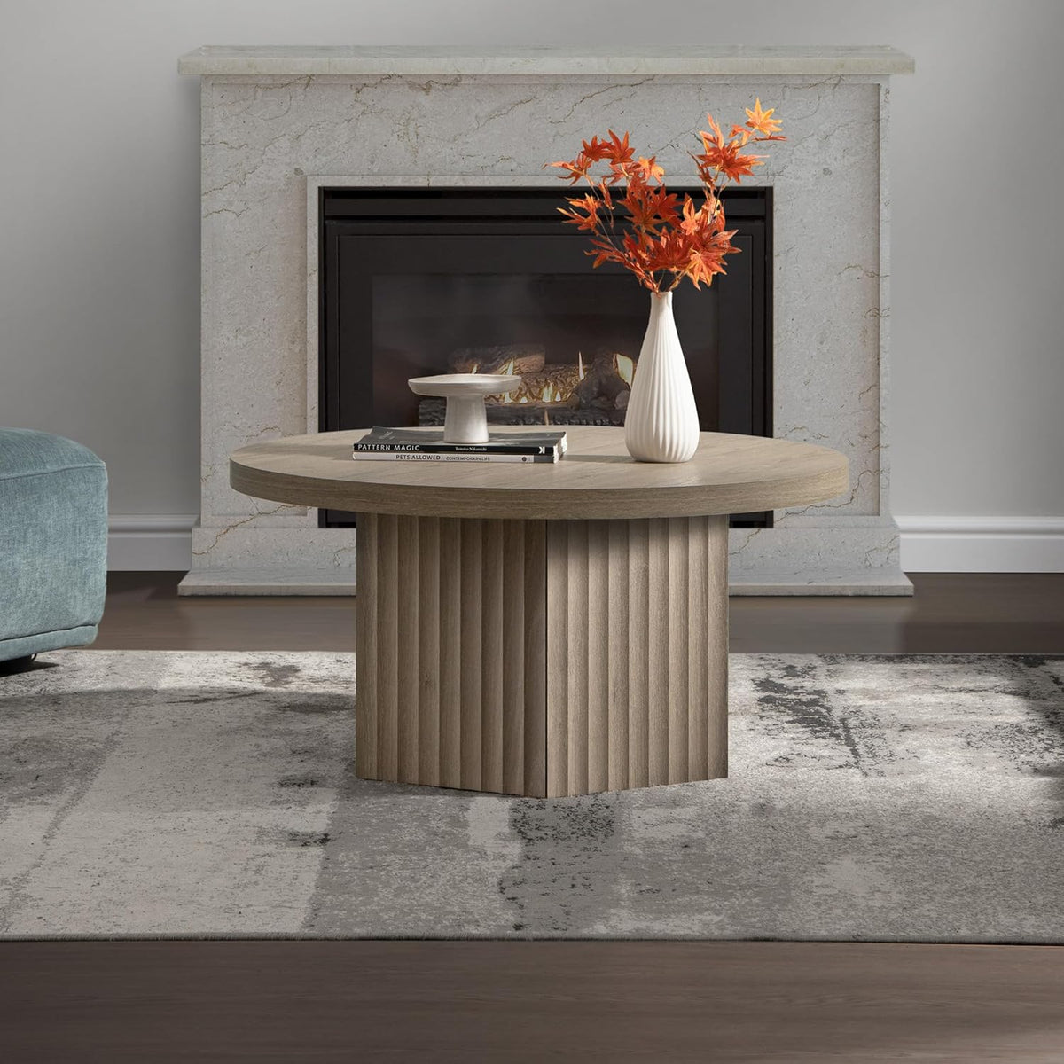 SICOTAS Round Coffee Table for Living Room, Modern Fluted Circle Center Coffee Table with Storage, 32" Accent Tea Dining Table for Apartment, Grey Alder