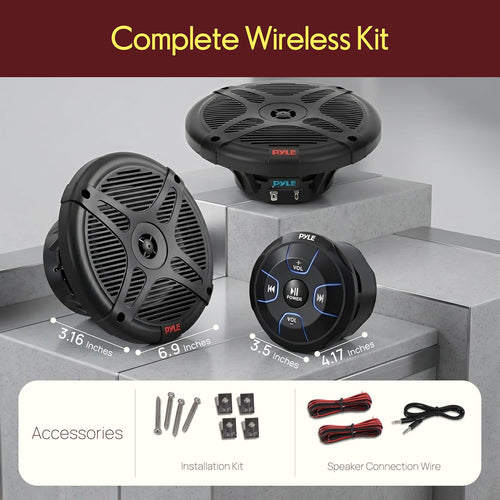 6.5'' Dual Marine Speakers Kit - Waterproof-Rated w/Amplified Bluetooth Remote Control Receiver for Powersport Vehicles, IP65 Marine Grade Rating, 600 Watt Max Power - Pyle PLMRKT8