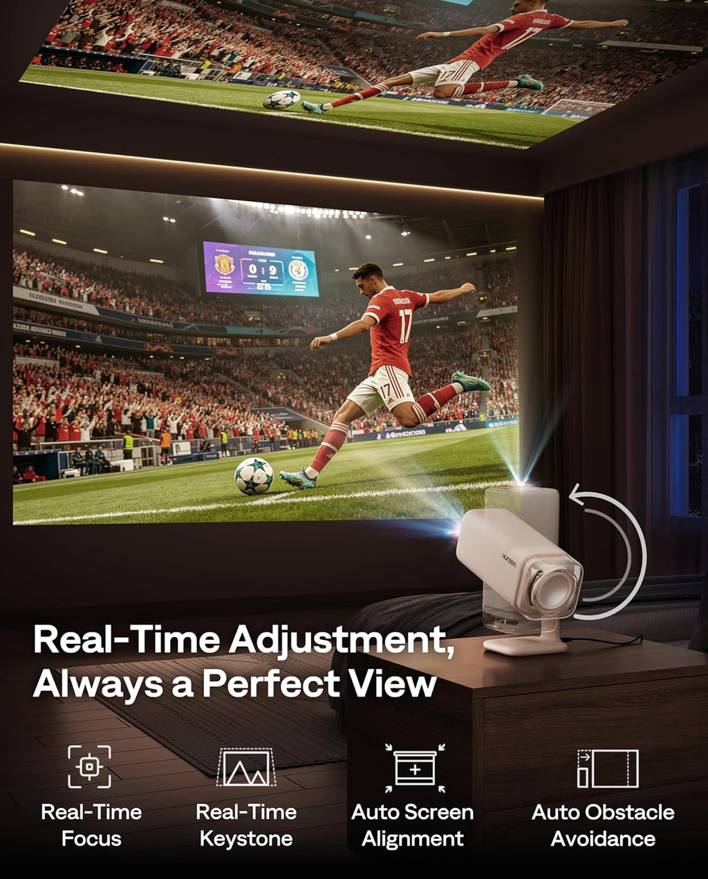 Aurzen BOOM Air Google TV Portable Projector with WiFi and Bluetooth, USB-C Powered, Smart Projector for Outdoor & Home Movie, 4K Supported, Real-Time Focus, Dolby Audio, Adjustable Stand, Off-White