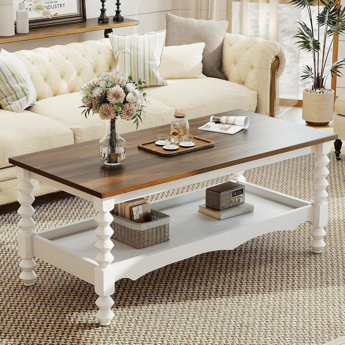 YOSHOOT 42" Farmhouse Coffee Table with Storage - Small Coffee Tables for Living Room Bedroom, 2-Tier Center Table with Solid Wood Legs and Thickened Top, White