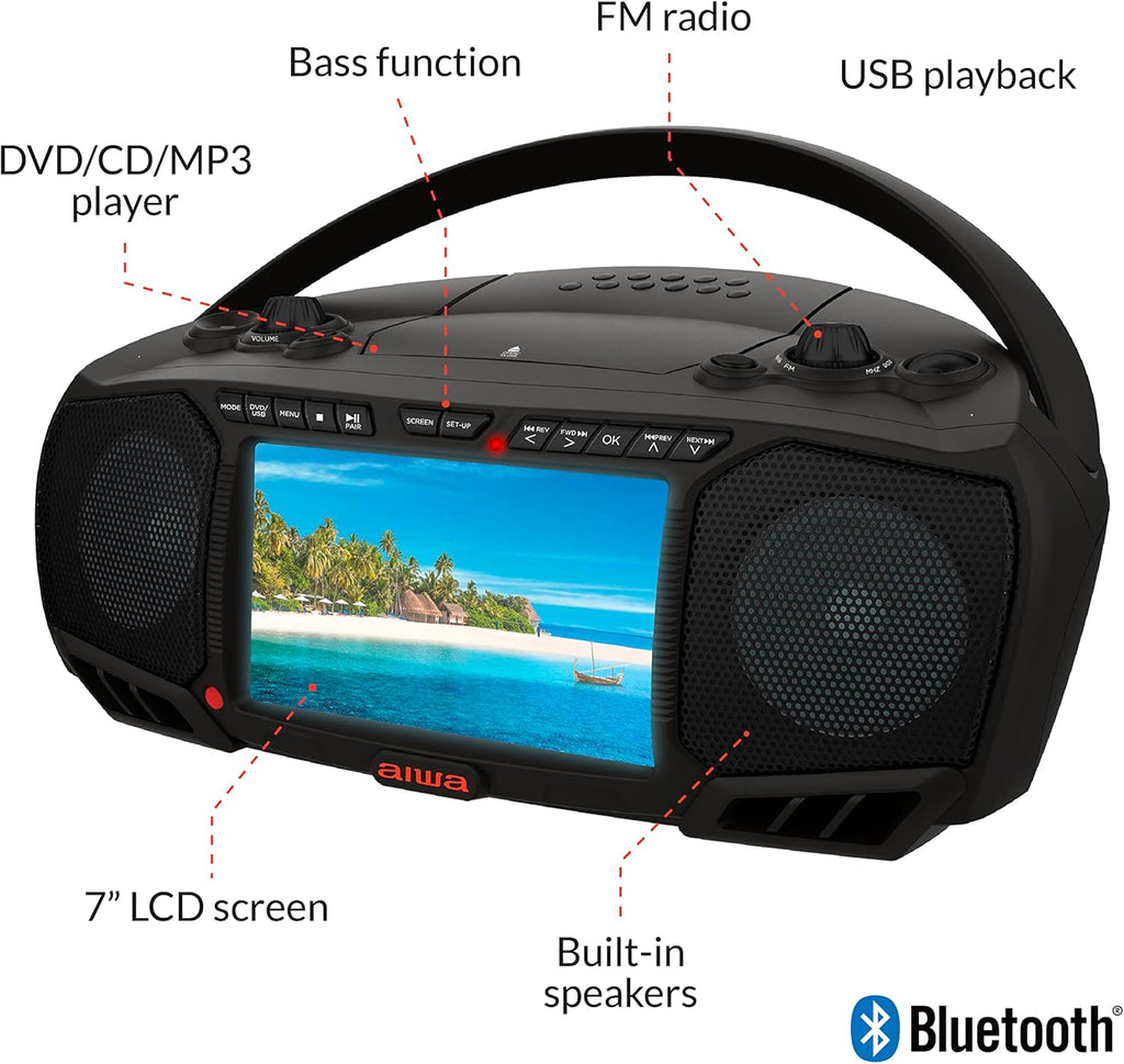 Aiwa Portable DVD Player, Crystal Clear Sound with Dual 3W Speakers and Bass Function, Featuring a 7" LCD Display, Bluetooth Connectivity, FM Radio, CD/DVD Playback