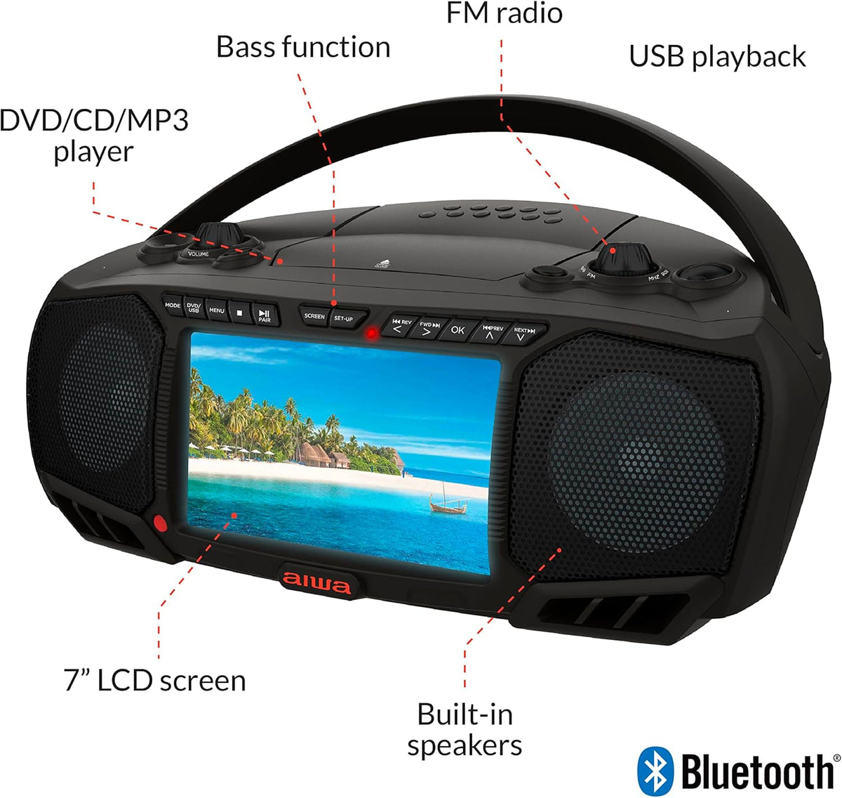 Aiwa Portable DVD Player, Crystal Clear Sound with Dual 3W Speakers and Bass Function, Featuring a 7" LCD Display, Bluetooth Connectivity, FM Radio, CD/DVD Playback
