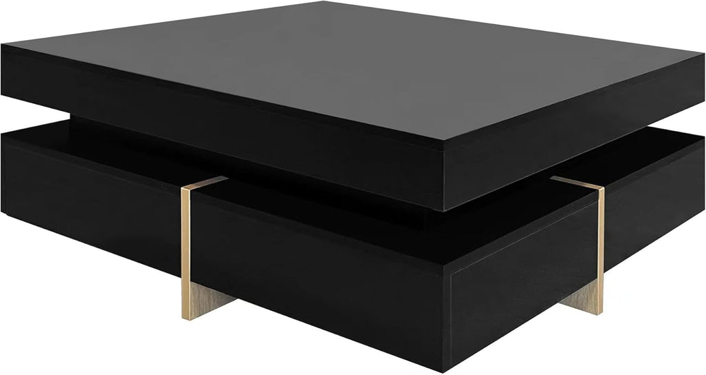 Merax Coffee Table, Modern High Gloss Coffee Table with 4 Drawers, Multi-Storage Square Center Cocktail Table with Wood Grain Legs for Living Room, 31.5"x 31.5" (Black)