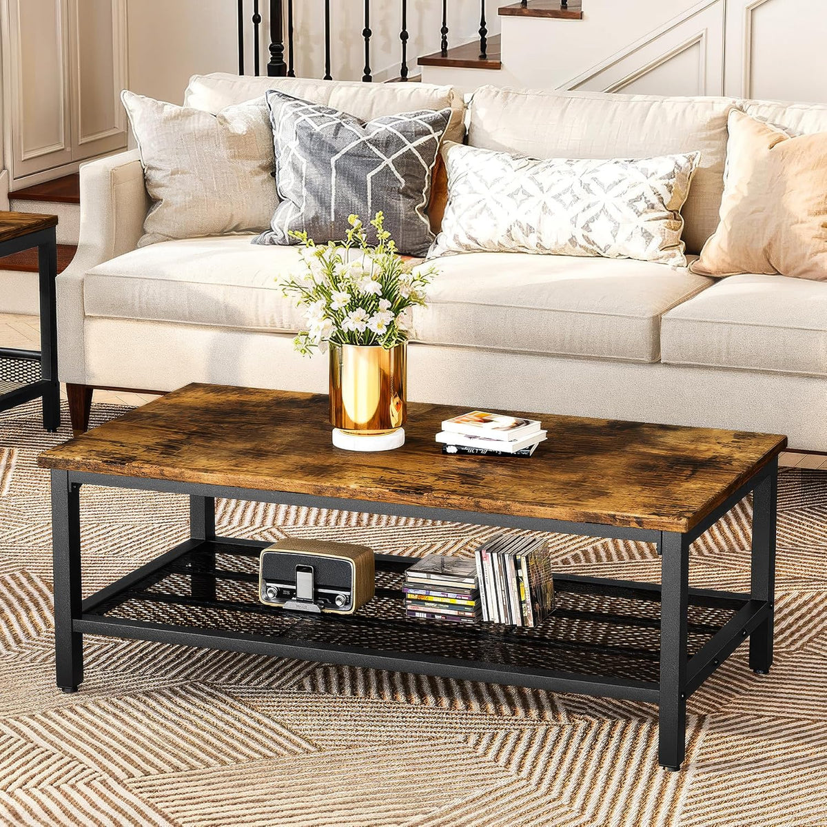 AWQM Coffee Table Industrial Coffee Table with 2 Square End Side Tables, Modern Living Room Table Set with Metal Frame for Apartment Home Office, Rustic Brown Set001