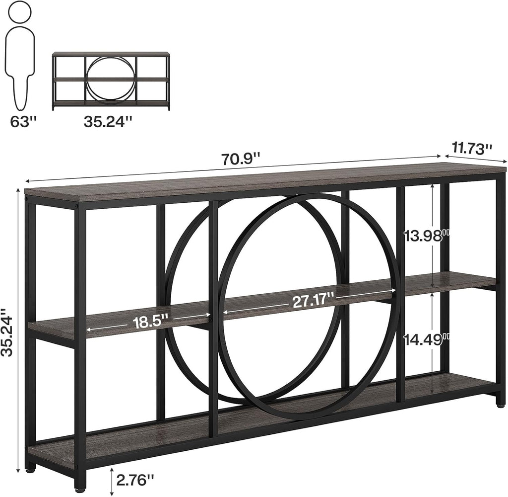 Tribesigns 70.9 inch Sofa Console Table, Extra Long Narrow Entryway Tables with 3 Tier Wood Storage Shelves Metal Frame for Foyer Hallway Living Room Behind Couch, Black Rustic Gray