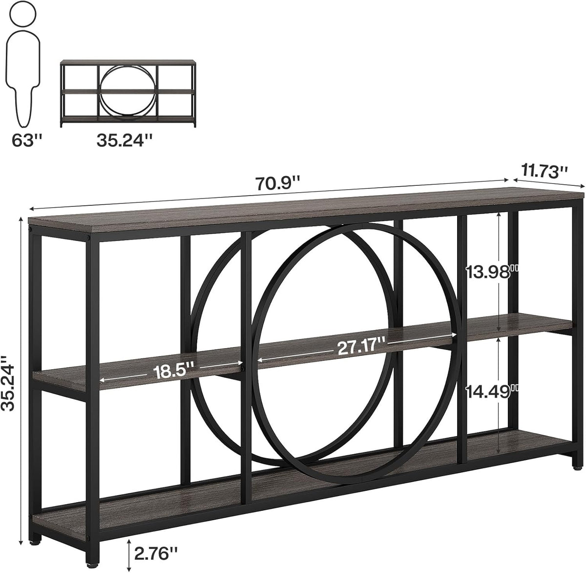 Tribesigns 70.9 inch Sofa Console Table, Extra Long Narrow Entryway Tables with 3 Tier Wood Storage Shelves Metal Frame for Foyer Hallway Living Room Behind Couch, Black Rustic Gray