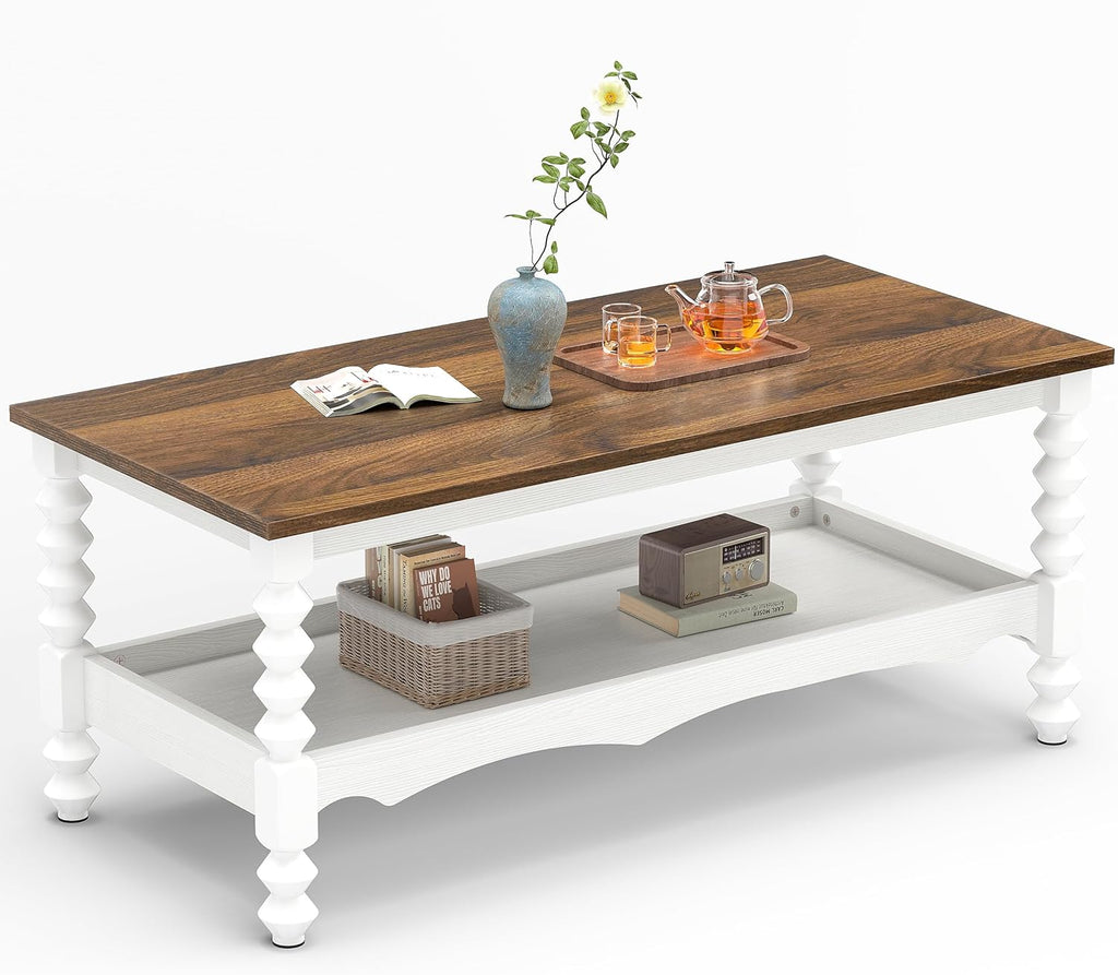 YOSHOOT 42" Farmhouse Coffee Table with Storage - Small Coffee Tables for Living Room Bedroom, 2-Tier Center Table with Solid Wood Legs and Thickened Top, White