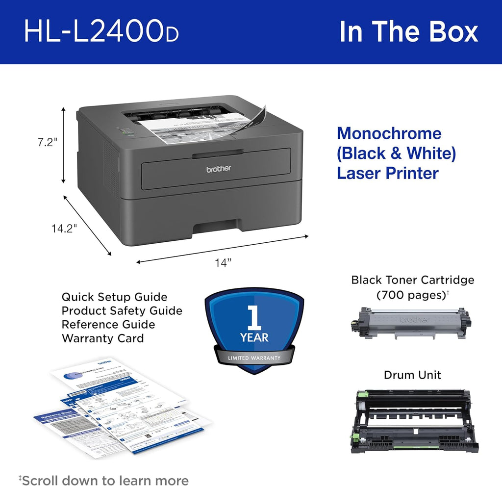 Brother Monochrome Laser Printer with 32 PPM Speed and Automatic 2-Sided Printing for Home Office, Fast Black and White Output, Compact Design with 250-Sheet Capacity (HL-L2400D)