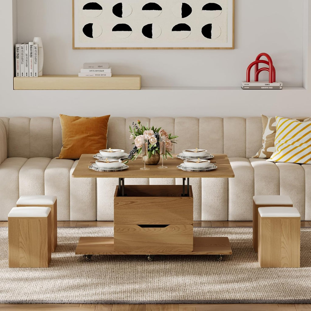 homary Natural Lift Top Coffee Table with Hidden Storage, 3 in 1 Multi-Function Modern Folding Center Table with 4 Stools and Casters
