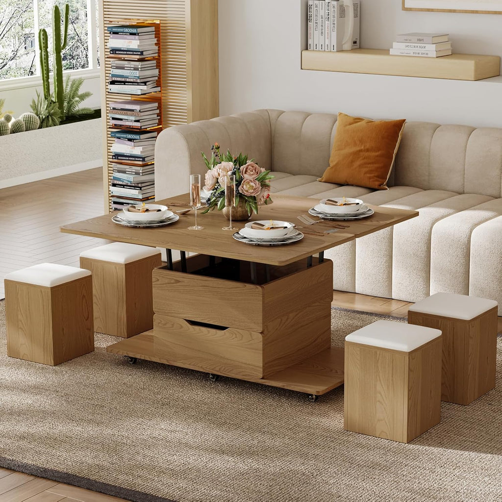 homary Natural Lift Top Coffee Table with Hidden Storage, 3 in 1 Multi-Function Modern Folding Center Table with 4 Stools and Casters