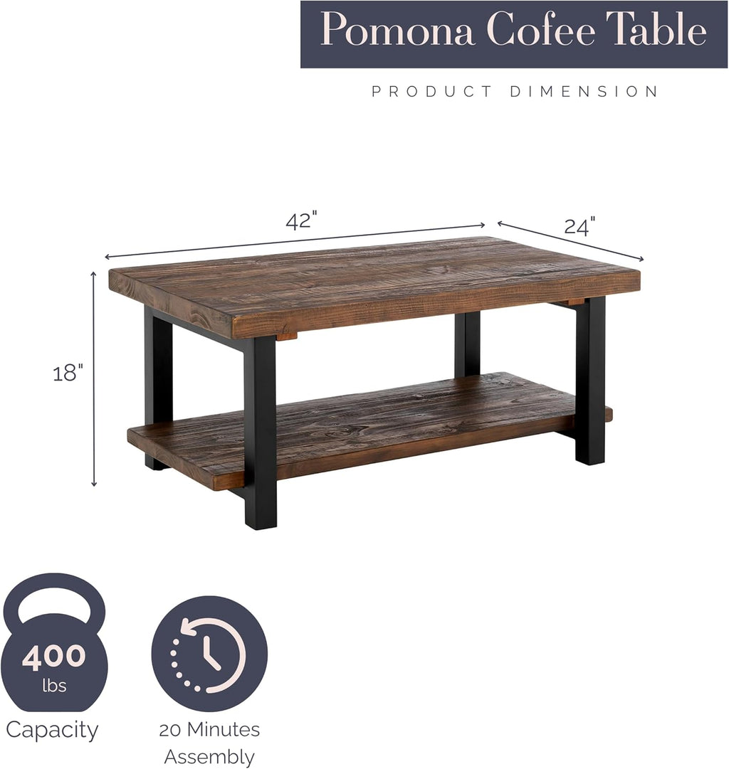 Alaterre Furniture Pomona Rustic Coffee Table with Storage Shelf - 42-Inch Industrial Modern Metal and Solid Wood Living Room Table - Easy Assembly Farmhouse Living Room Furniture (Rustic Natural)
