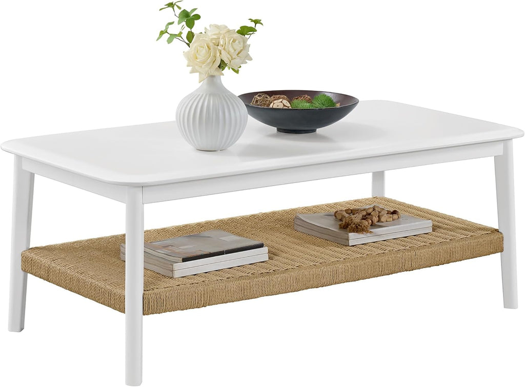 Alaterre Furniture Calais 48 Inch Rectangular Wood Coffee Table with Woven Storage Shelf – Mid Century Modern 2-Tier Living Room Table (White)