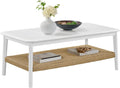 Alaterre Furniture Calais 48 Inch Rectangular Wood Coffee Table with Woven Storage Shelf – Mid Century Modern 2-Tier Living Room Table (White)