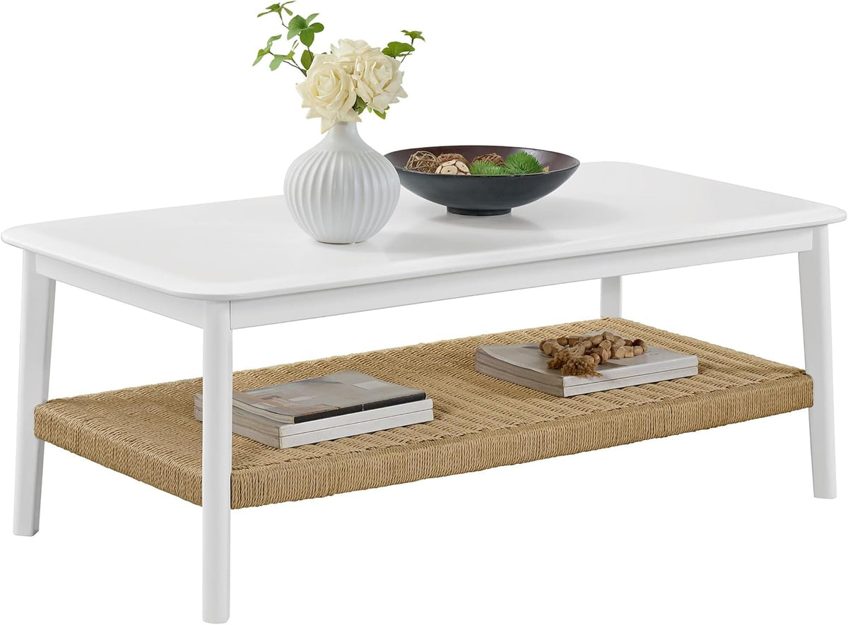 Alaterre Furniture Calais 48 Inch Rectangular Wood Coffee Table with Woven Storage Shelf – Mid Century Modern 2-Tier Living Room Table (White)
