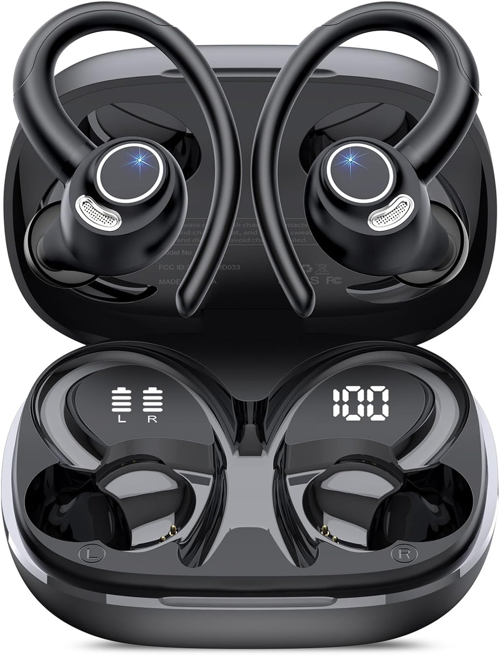 Wireless Earbuds, Bluetooth 5.4 Headphones Sport, Over Ear Buds With ENC Noise Cancelling Mic, 48H, Wireless Earphone With Earhooks, Stereo Deep Bass, IP7 Waterproof ear bud for Workout Running, Black