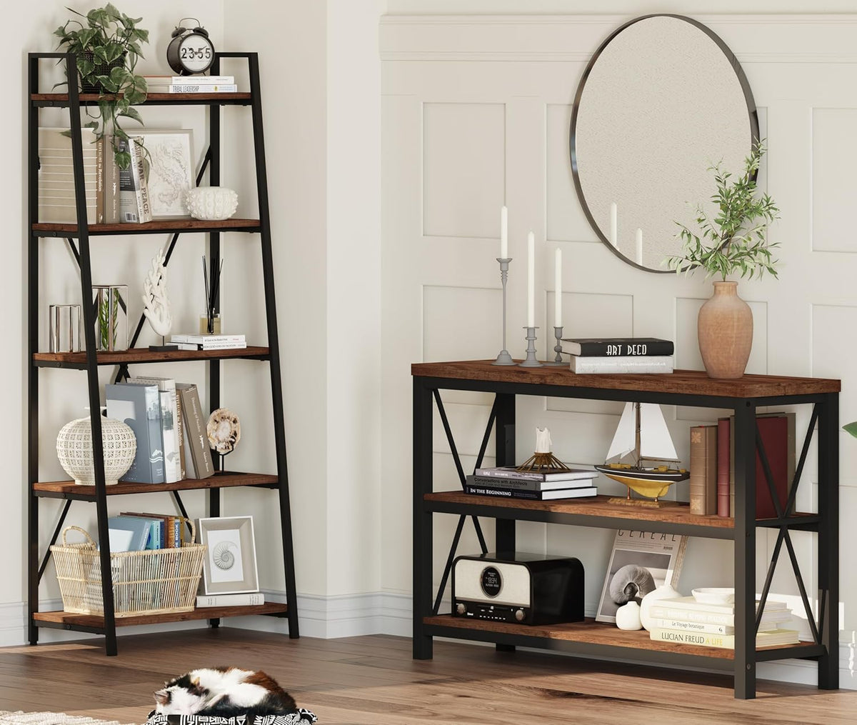 BON AUGURE Rustic Console Table Behind Couch, Industrial Entryway Table with Shelves, Farmhouse 3 Tier Sofa Tables for Living Room, Entry, Hallway (47 Inch, Rustic Oak)