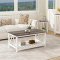 Farmhouse Coffee Table, White Oak Coffee Table for Living Room, 2-Tier Rectangular Wooden Centre Cocktail Table with Slats Shelf Storage and V-Shaped Frame Modern Coffee Oak Grey