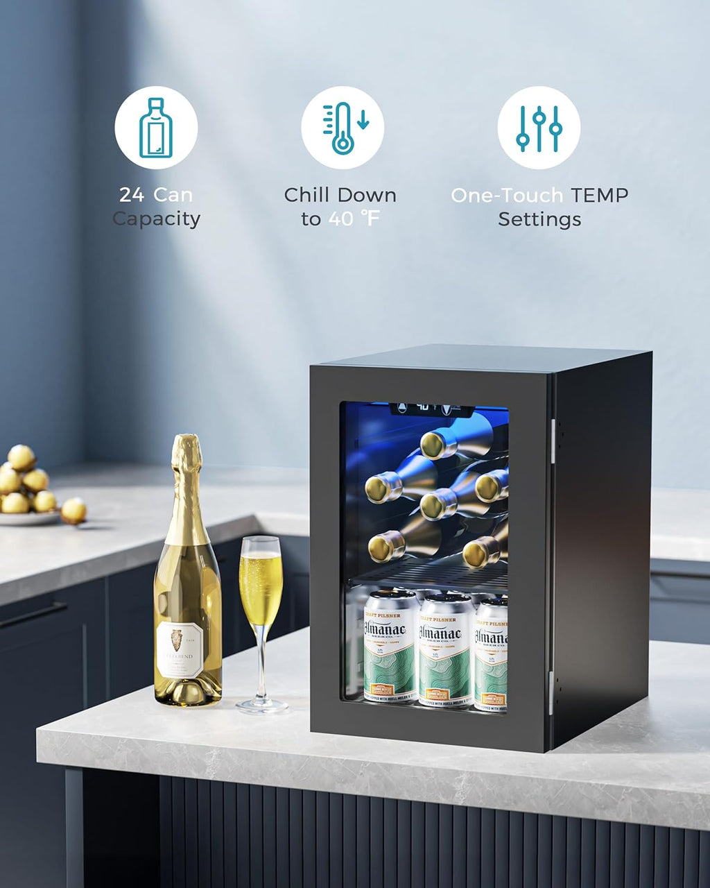 EUHOMY 18L Beverage Refrigerator Cooler, 24 Cans Mini Fridge with Quiet Compressor, Countertop Small Fridge with 40°F-61°F Digital Temperature Control, LED Lgiht for Home, Bar, Office