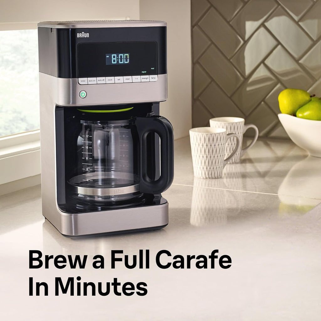Braun BrewSense 12 Cup Drip Coffee Maker - Pause & Pour Mid Brew, Coffee Machine with 24-Hour Timer & Clock, Bold & Regular Strength, 1-4 Cup Functions, Self Clean, Auto Shutoff, Stainless Steel