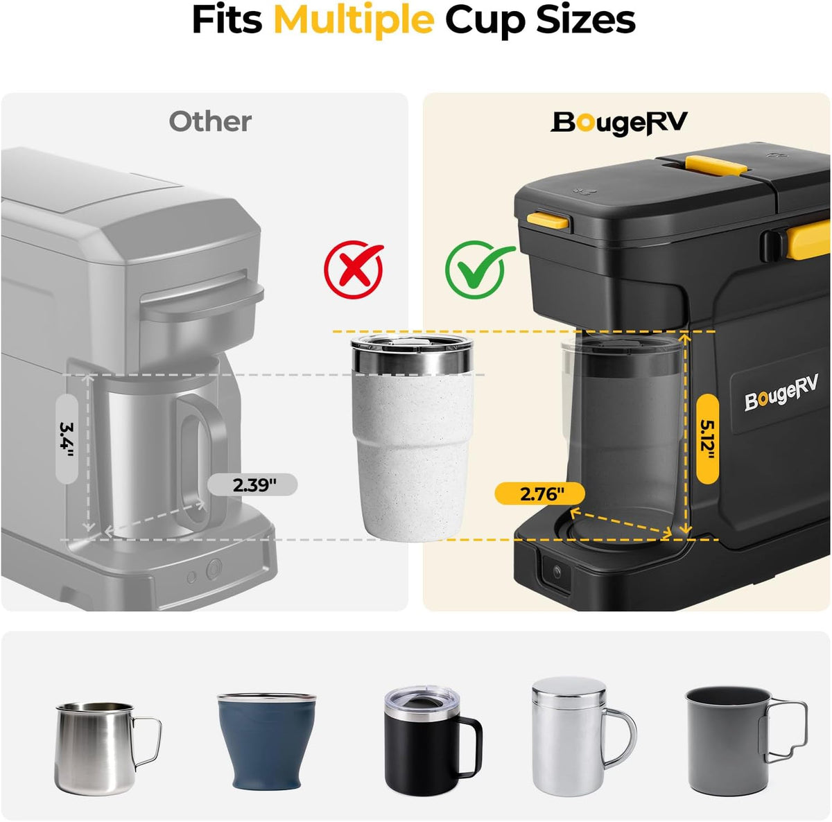 BougeRV Coffee Maker with 18V 8Ah Battery Powered Compatible with K Cup Coffee Pods & Ground Coffee, Portable Coffee Maker Cordless with AC/DC Power for Travel, Camping, Outdoor, Jobsite, RV, Home