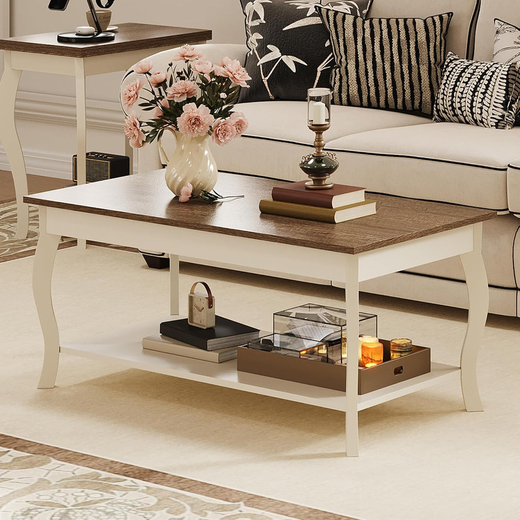 ChooChoo Coffee Table, Rustic Center Table with Curved Legs and Storage Shelf, 39" Coffee Table for Living Room, Soft White