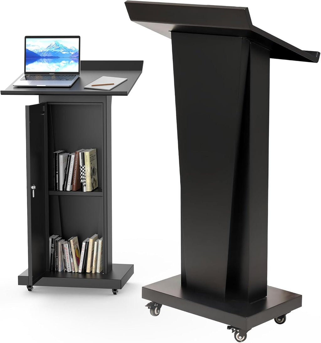 Tredre Metal Podium Stand with Wheels, Heavy-Duty Rolling Lectern for Classroom, Church & Office Presentations, Large Top, Locking Casters, Stable Base