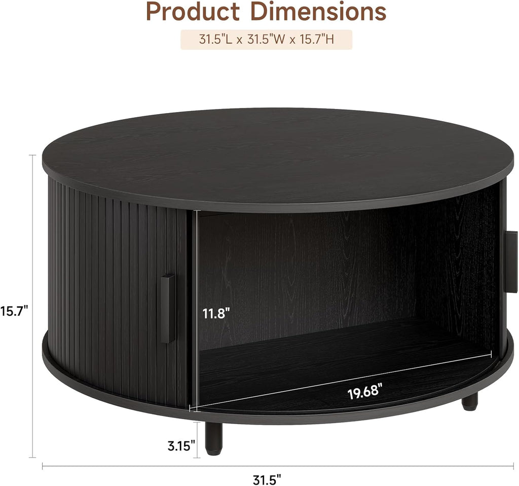 ONBRILL Round Coffee Table with Storage, 31.5" Modern Coffee Table with 360° Curved Sliding Door, Fluted Wood Accent Coffee Table with Adjustable Footpads, Round Center Table for Living Room, Black