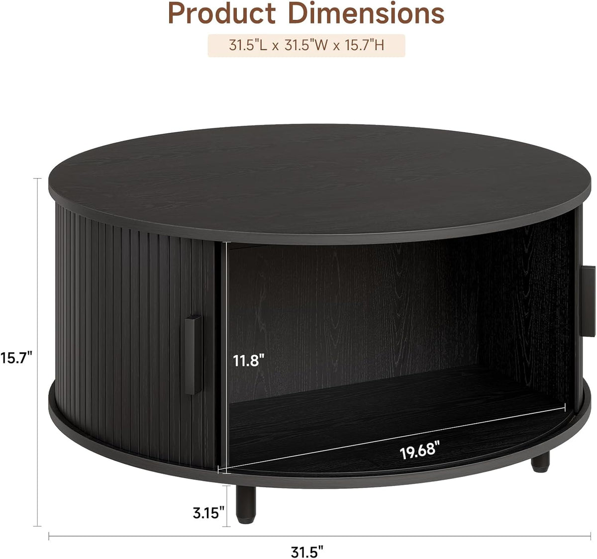 ONBRILL Round Coffee Table with Storage, 31.5" Modern Coffee Table with 360° Curved Sliding Door, Fluted Wood Accent Coffee Table with Adjustable Footpads, Round Center Table for Living Room, Black