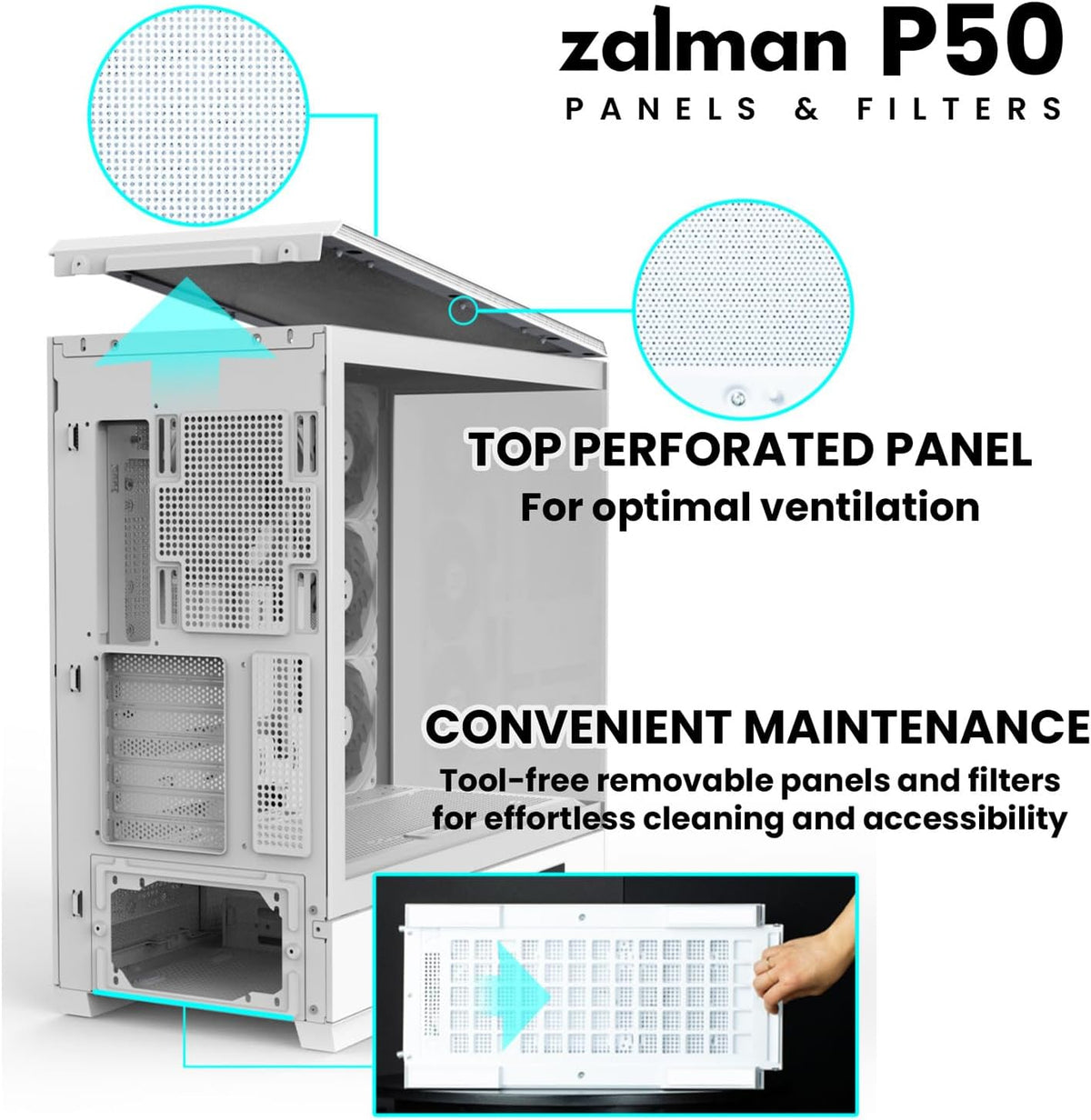 Zalman P50 ATX Mid-Tower Premium PC Case - Panoramic Tempered Glass, Hinged Cable Management Doors, Back-Connect Motherboard Compatible, Barebone Computer Chassis, White